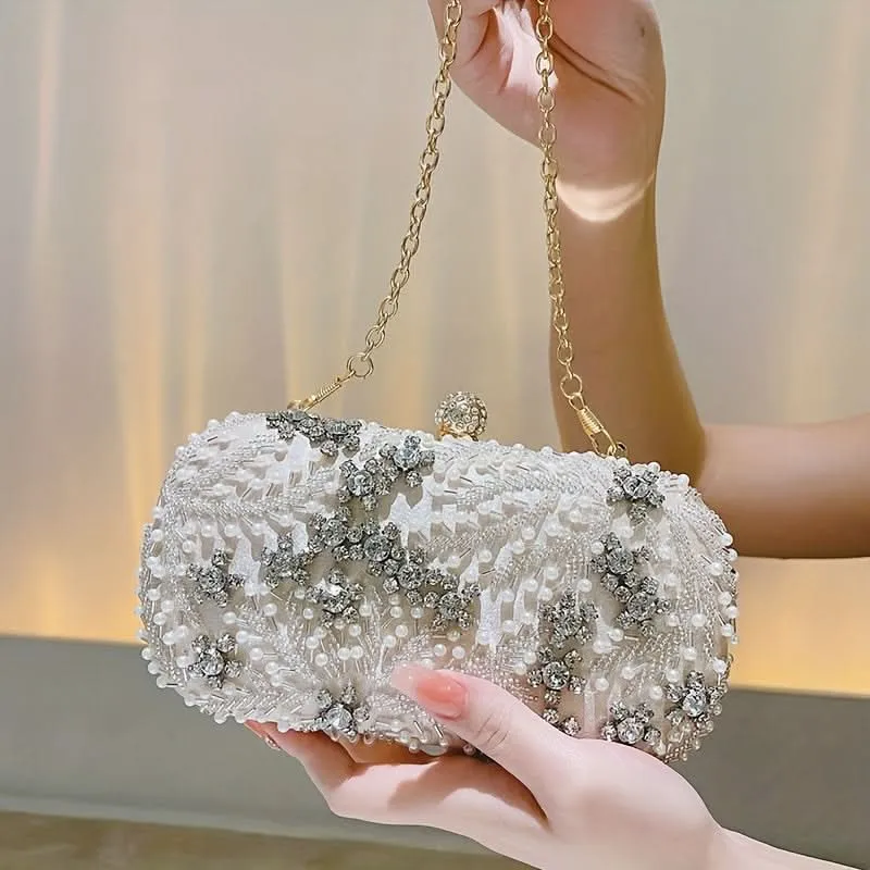 Elegant Pearl & Rhinestone Buckle Clutch Bag