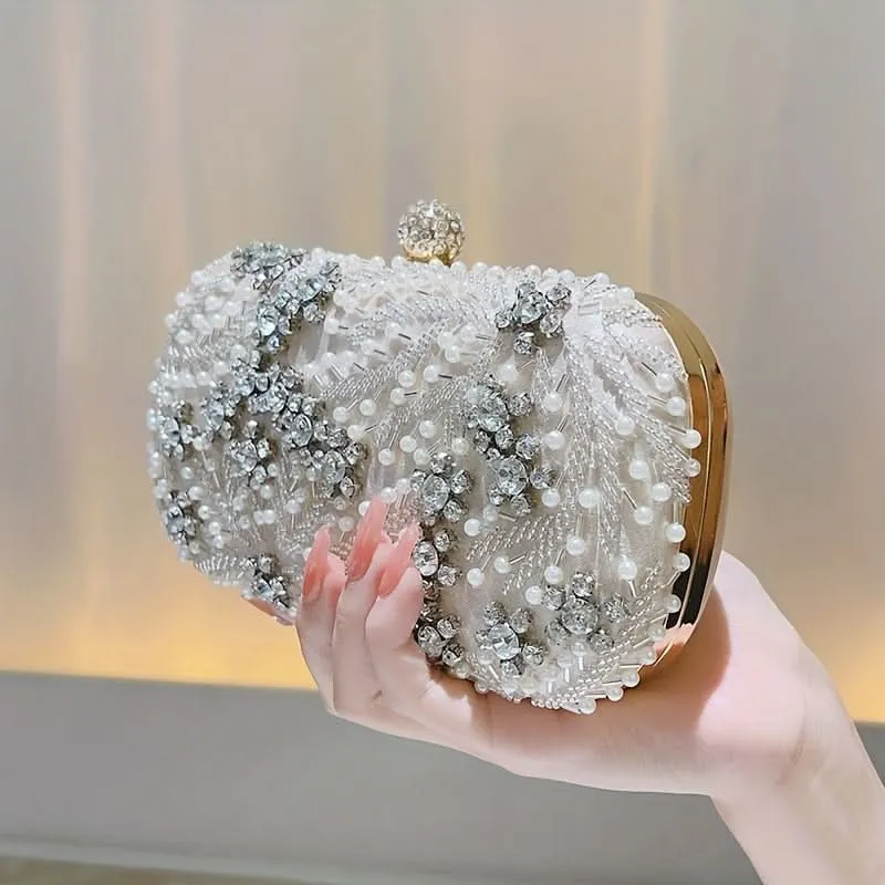 Elegant Pearl & Rhinestone Buckle Clutch Bag