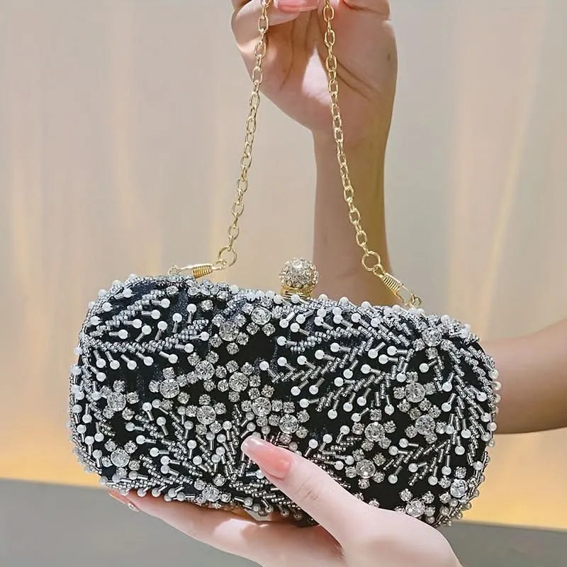 Elegant Pearl & Rhinestone Buckle Clutch Bag