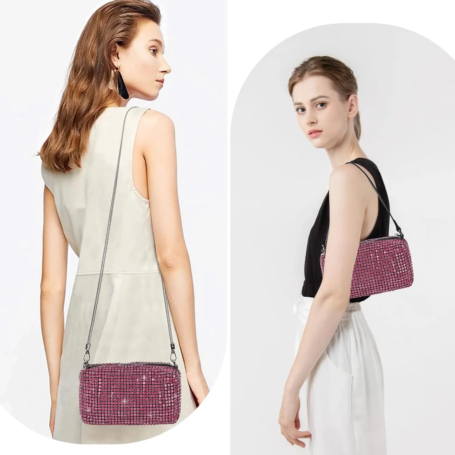 Elegant Rhinestone Evening Bag for Women - Sparkling Silver Crossbody Purse with Detachable Chain Strap