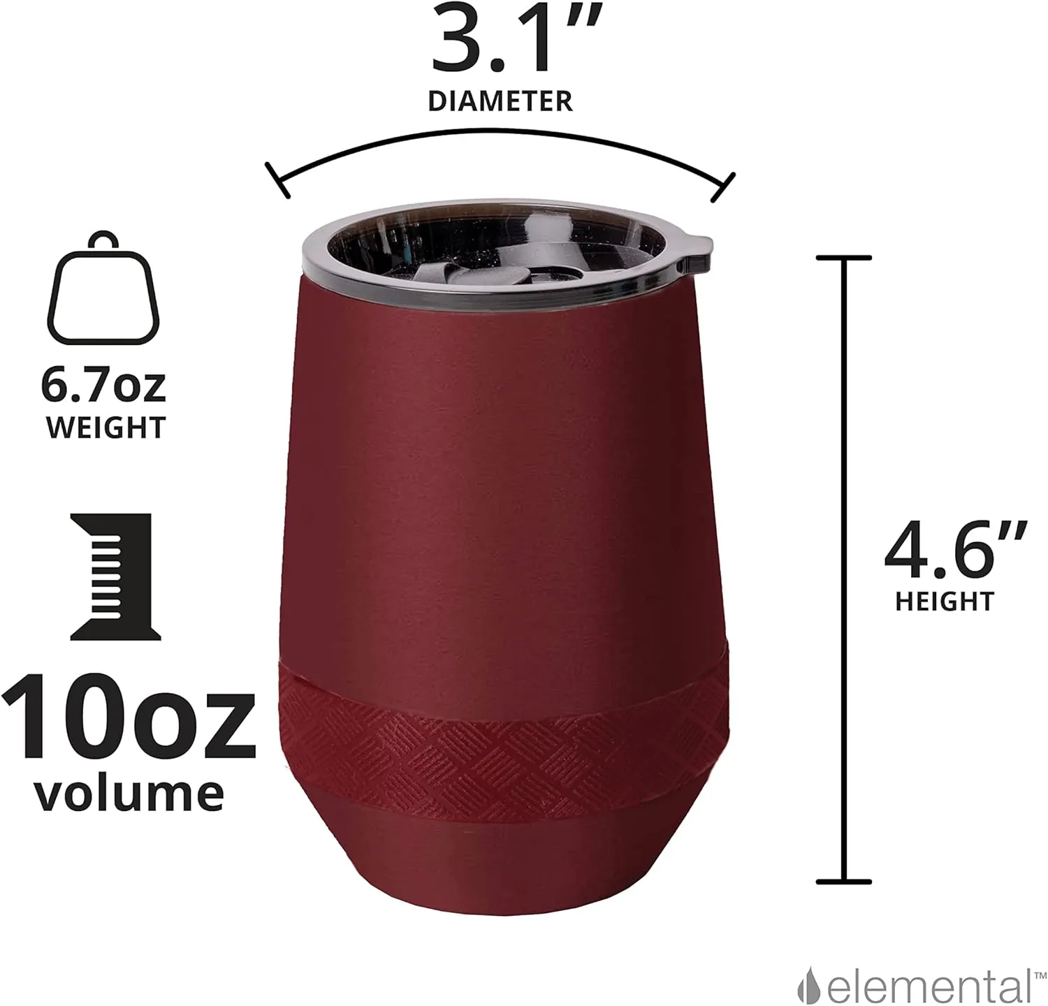 Elemental Recess Wine Tumbler - Triple Wall Insulated Stainless Steel Coffee Mug for Hot & Cold Drinks - Portable Cup with Shatterproof Sip Lid for Camping, Outdoor & Travel - 10oz - Burgundy
