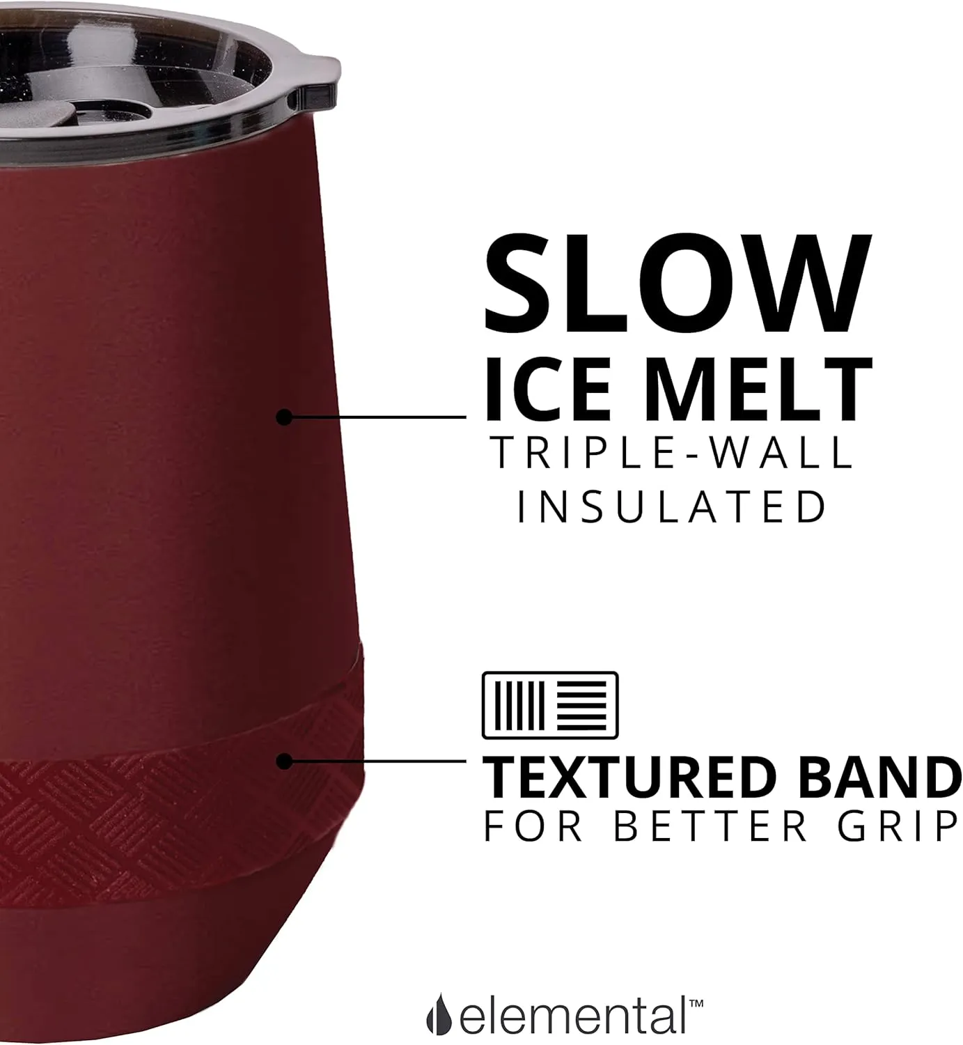 Elemental Recess Wine Tumbler - Triple Wall Insulated Stainless Steel Coffee Mug for Hot & Cold Drinks - Portable Cup with Shatterproof Sip Lid for Camping, Outdoor & Travel - 10oz - Burgundy