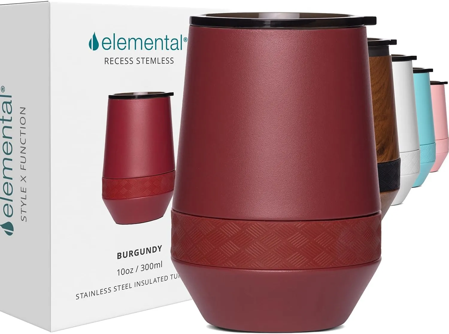 Elemental Recess Wine Tumbler - Triple Wall Insulated Stainless Steel Coffee Mug for Hot & Cold Drinks - Portable Cup with Shatterproof Sip Lid for Camping, Outdoor & Travel - 10oz - Burgundy