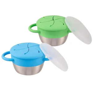Elk and Friends Stainless Steel Snack Cups – Pack of 2 | Removable Silicone Food Catcher and Travel Lid | Spill-Proof Snack Containers for Baby, Toddler, Kids | Dishwasher Safe, Food Grade Silicone