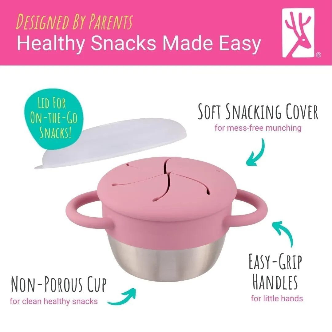 Elk and Friends Stainless Steel Snack Cups – Pack of 2 | Removable Silicone Food Catcher and Travel Lid | Spill-Proof Snack Containers for Baby, Toddler, Kids | Dishwasher Safe, Food Grade Silicone