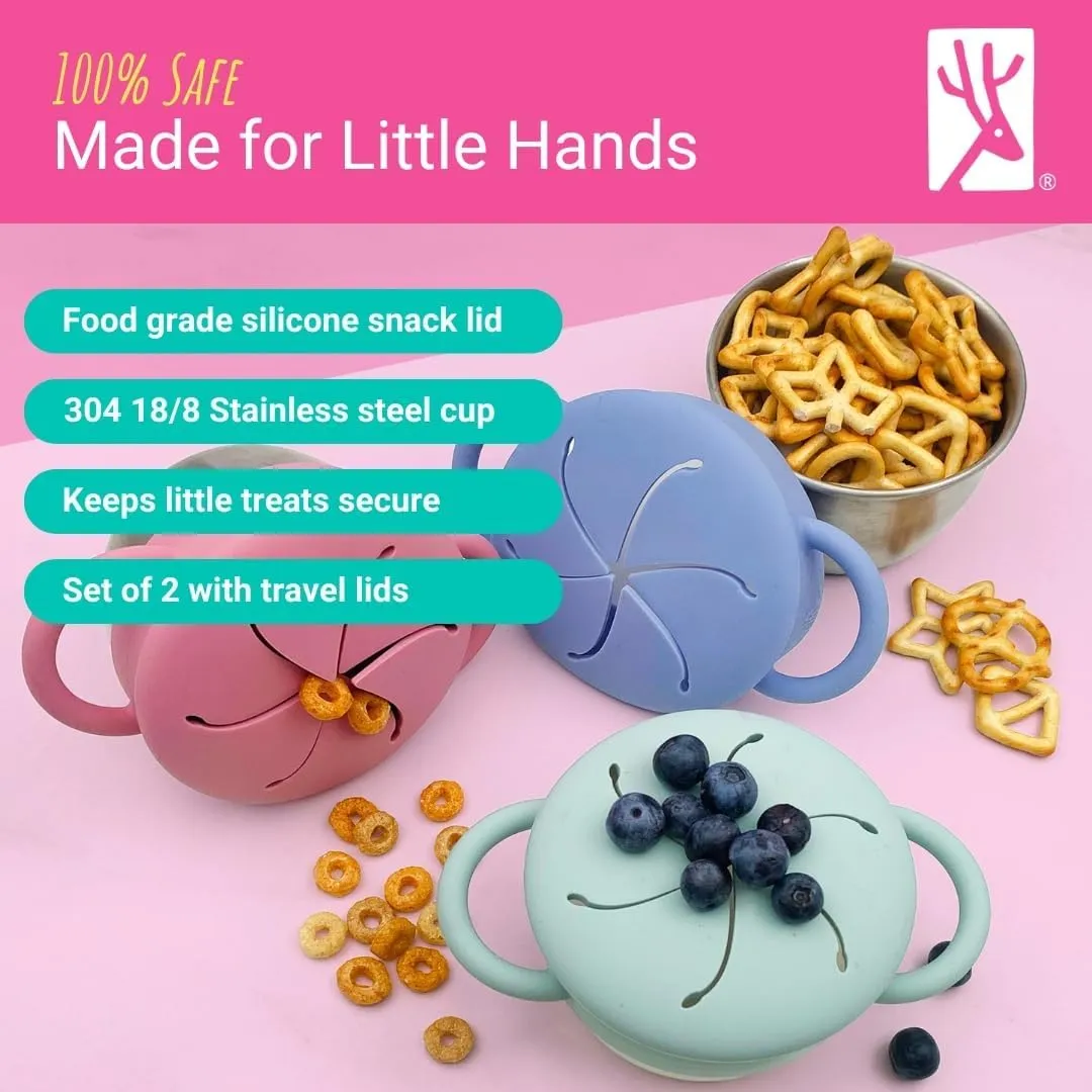 Elk and Friends Stainless Steel Snack Cups – Pack of 2 | Removable Silicone Food Catcher and Travel Lid | Spill-Proof Snack Containers for Baby, Toddler, Kids | Dishwasher Safe, Food Grade Silicone