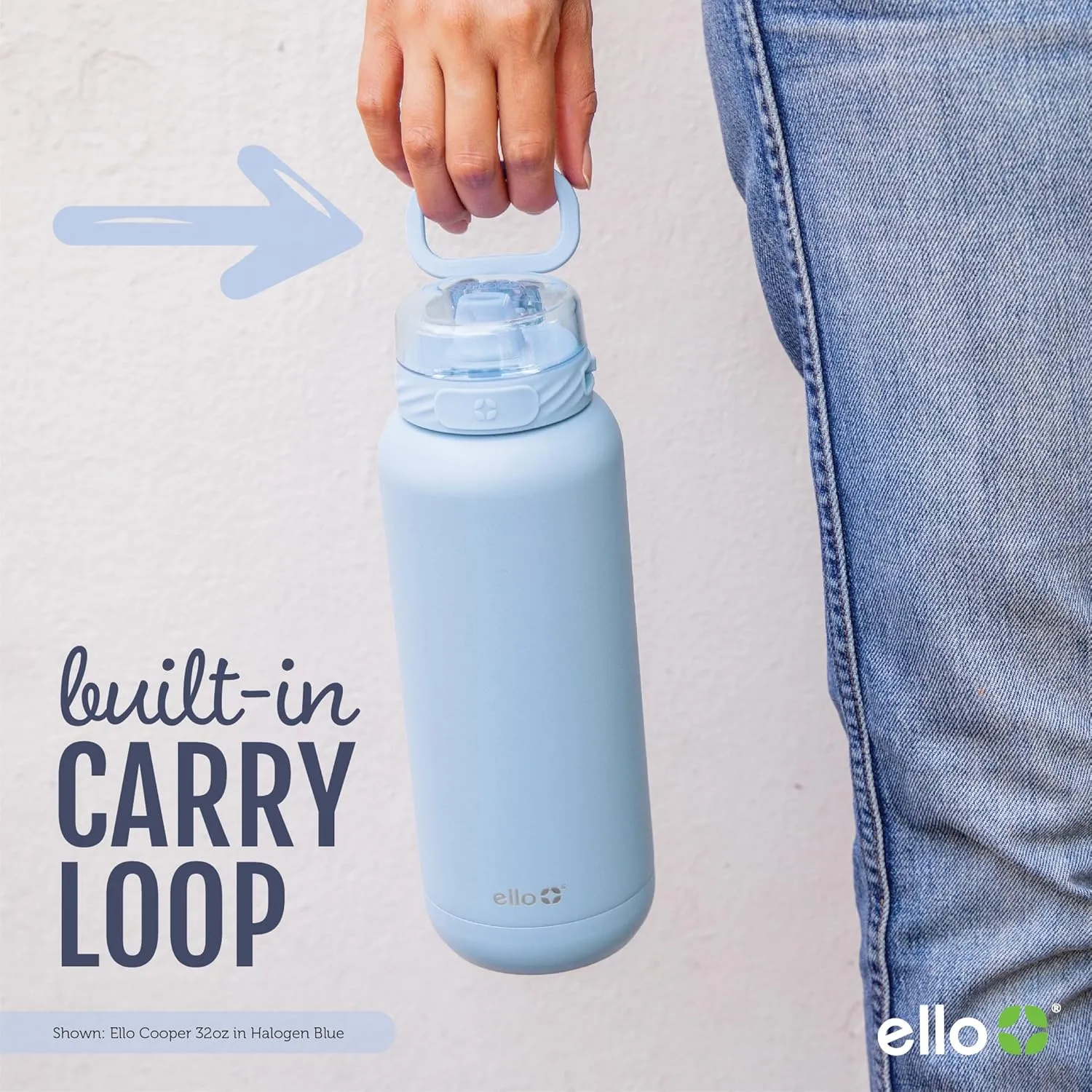 Ello Cooper 18oz Kids Stainless Steel Water Bottle with 2 Lids Chug and Straw | Leak Proof Double Walled and Vacuum Insulated | Fits Car Cupholder | Built in Carry Loop | Dishwasher Safe |Halogen Blue