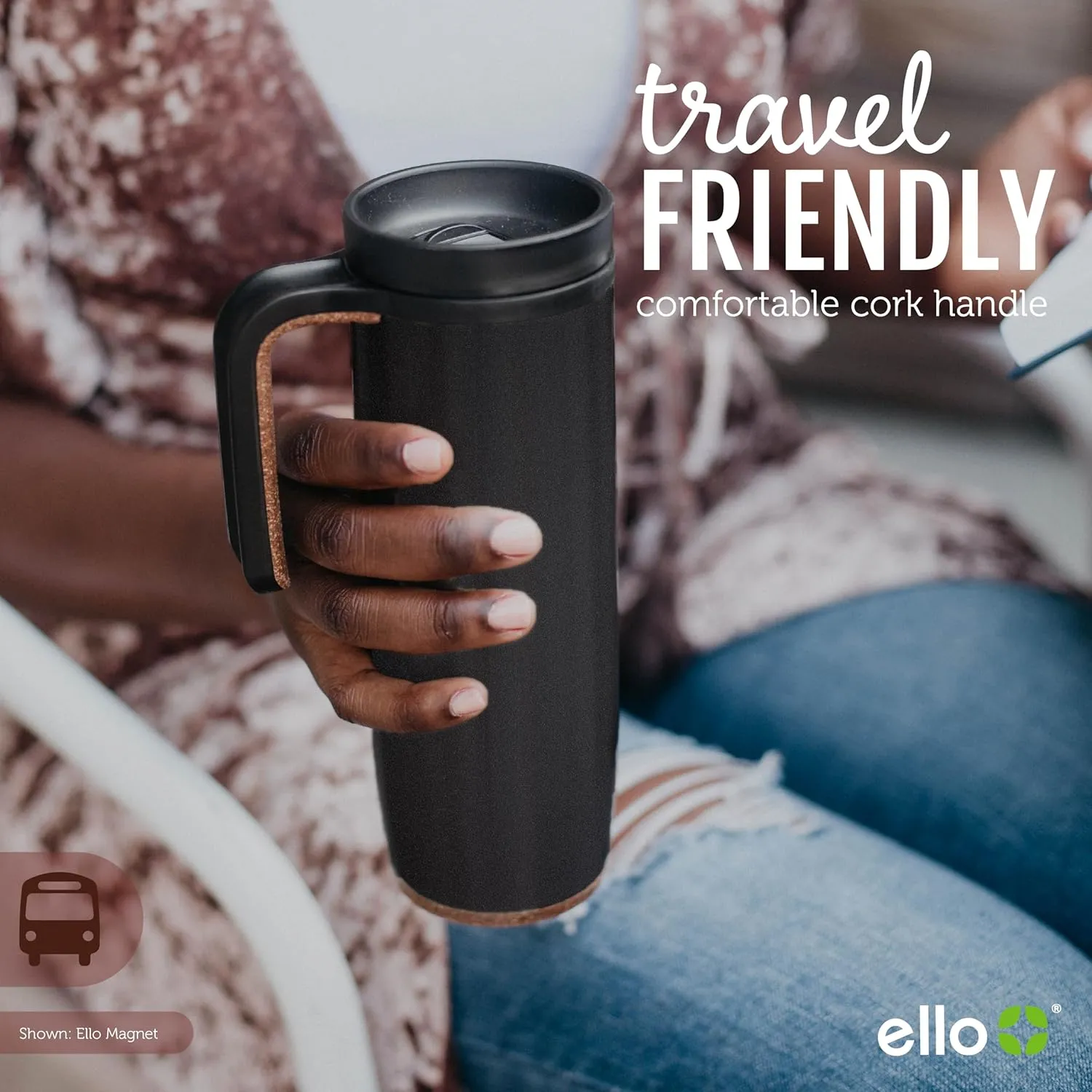 Ello Magnet 18oz Vacuum Insulated Stainless Steel Travel Mug with Side Handle and Leak-Proof Slider Lid and Built-in Coaster, Keeps Hot for 5 Hours, Perfect for Coffee or Tea, BPA-Free, Holiday Gift
