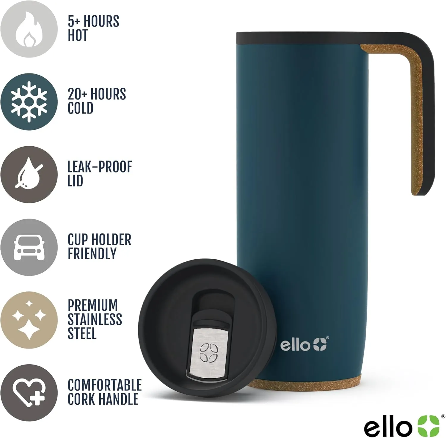 Ello Magnet 18oz Vacuum Insulated Stainless Steel Travel Mug with Side Handle and Leak-Proof Slider Lid and Built-in Coaster, Keeps Hot for 5 Hours, Perfect for Coffee or Tea, BPA-Free, Holiday Gift