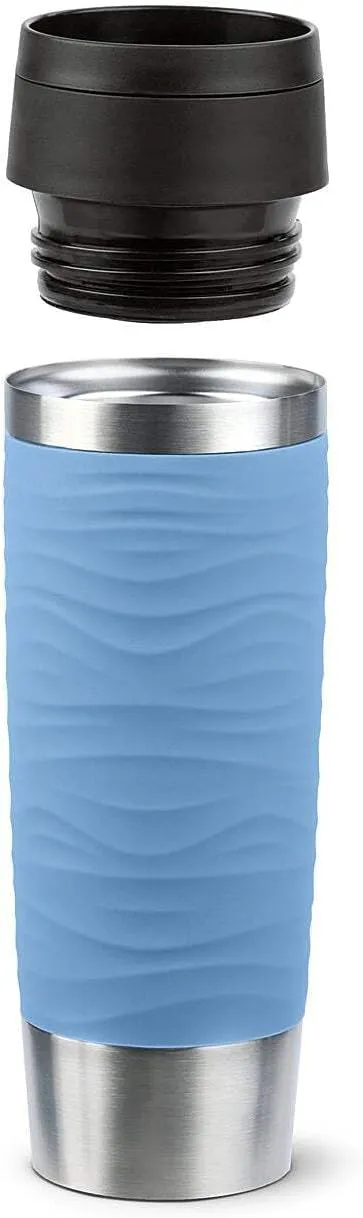 Emsa Travel Mug 500 ml Wave Thermal Mug, Comfort Screw Cap, Coffee Mug to Go, Stainless Steel, 6 Hours Hot and 12 Hours Cold, 100% Leak-Proof, Dishwasher Safe, 360° Drinking Opening, Pastel Blue,