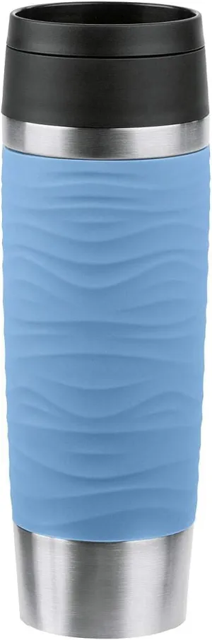 Emsa Travel Mug 500 ml Wave Thermal Mug, Comfort Screw Cap, Coffee Mug to Go, Stainless Steel, 6 Hours Hot and 12 Hours Cold, 100% Leak-Proof, Dishwasher Safe, 360° Drinking Opening, Pastel Blue,