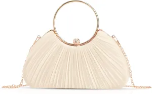 Evening Bag, Clutch Purses for Women, Pleated Satin Round Handle, Crossbody Bag for Wedding Party（White）