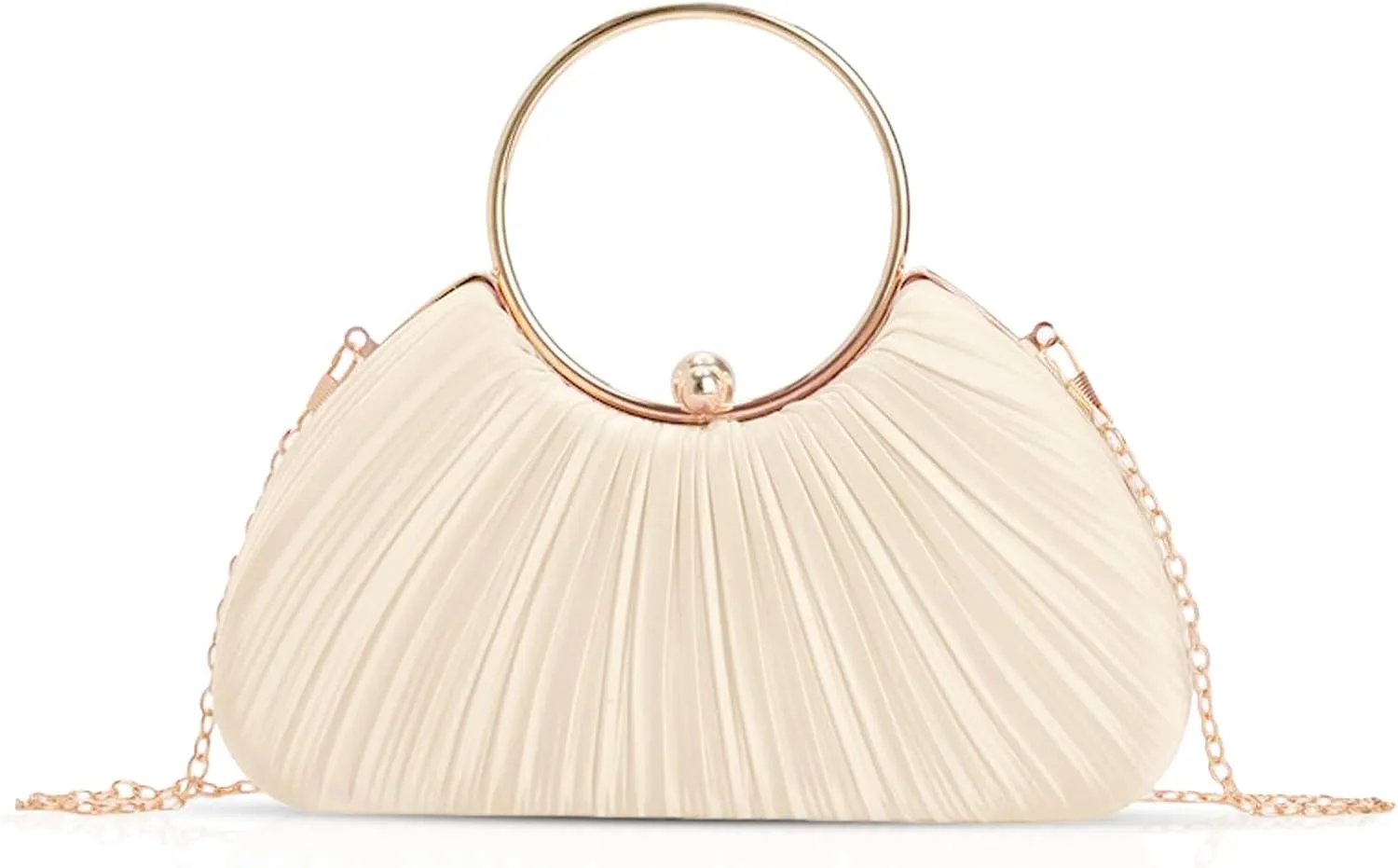 Evening Bag, Clutch Purses for Women, Pleated Satin Round Handle, Crossbody Bag for Wedding Party（White）