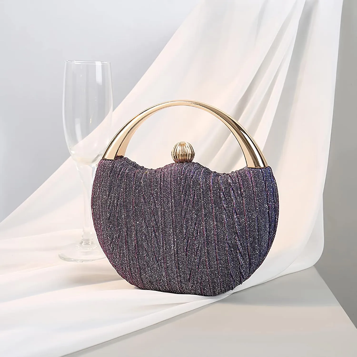 Evening Bag Clutch Purses Pleated Round Hard shell Crossbody Handbag with Chain Strap for Women Wedding Party Formal