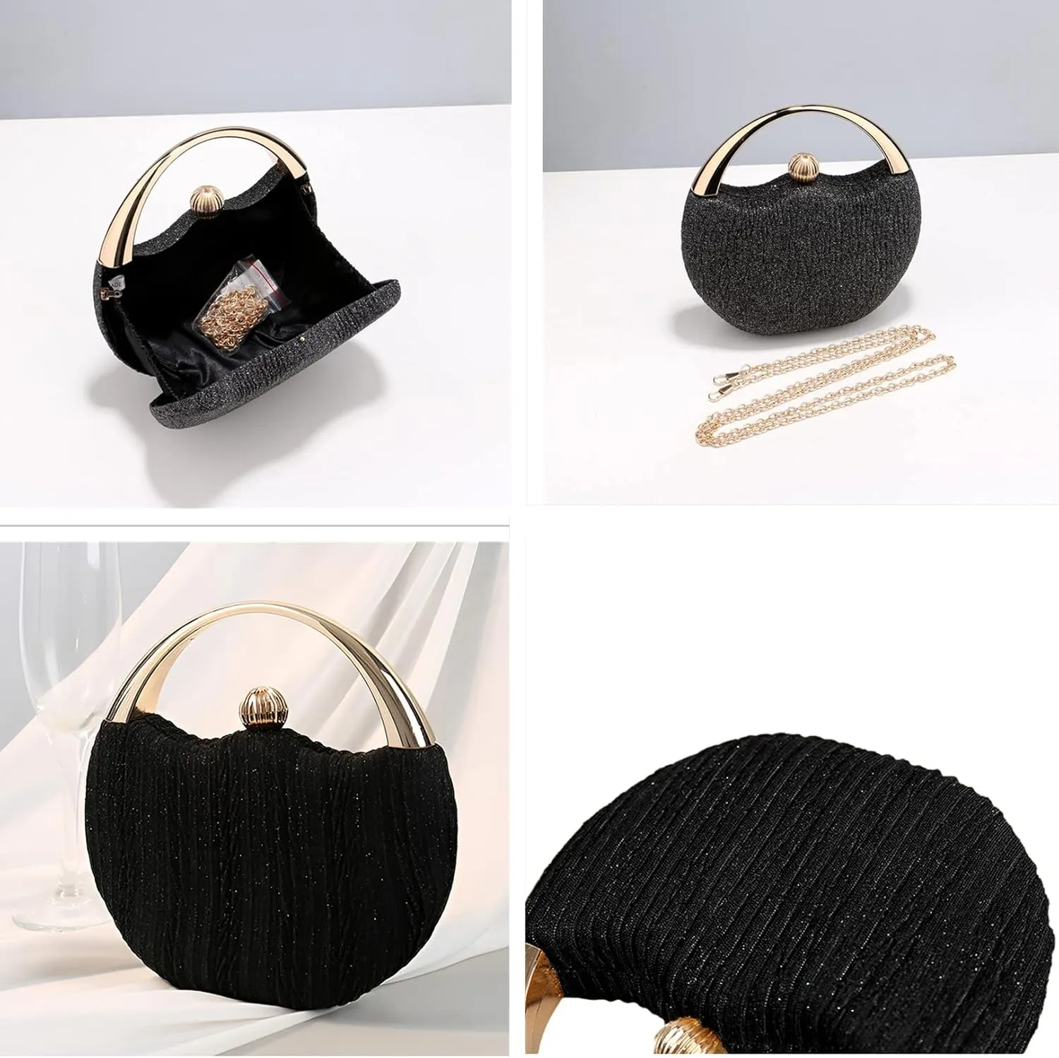 Evening Bag Clutch Purses Pleated Round Hard shell Crossbody Handbag with Chain Strap for Women Wedding Party Formal
