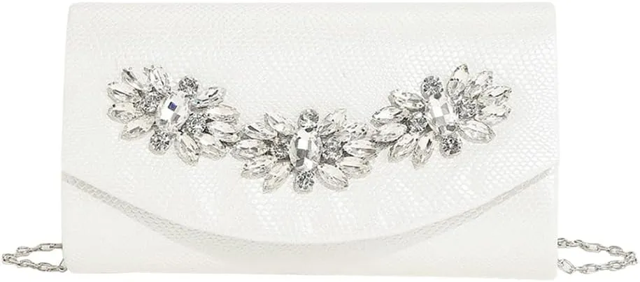 Evening Bag for Women Rhinestone Flower Clutch Purse Shoulder Bag PU Leather Elegant Clutch Handbag with Chain Strap