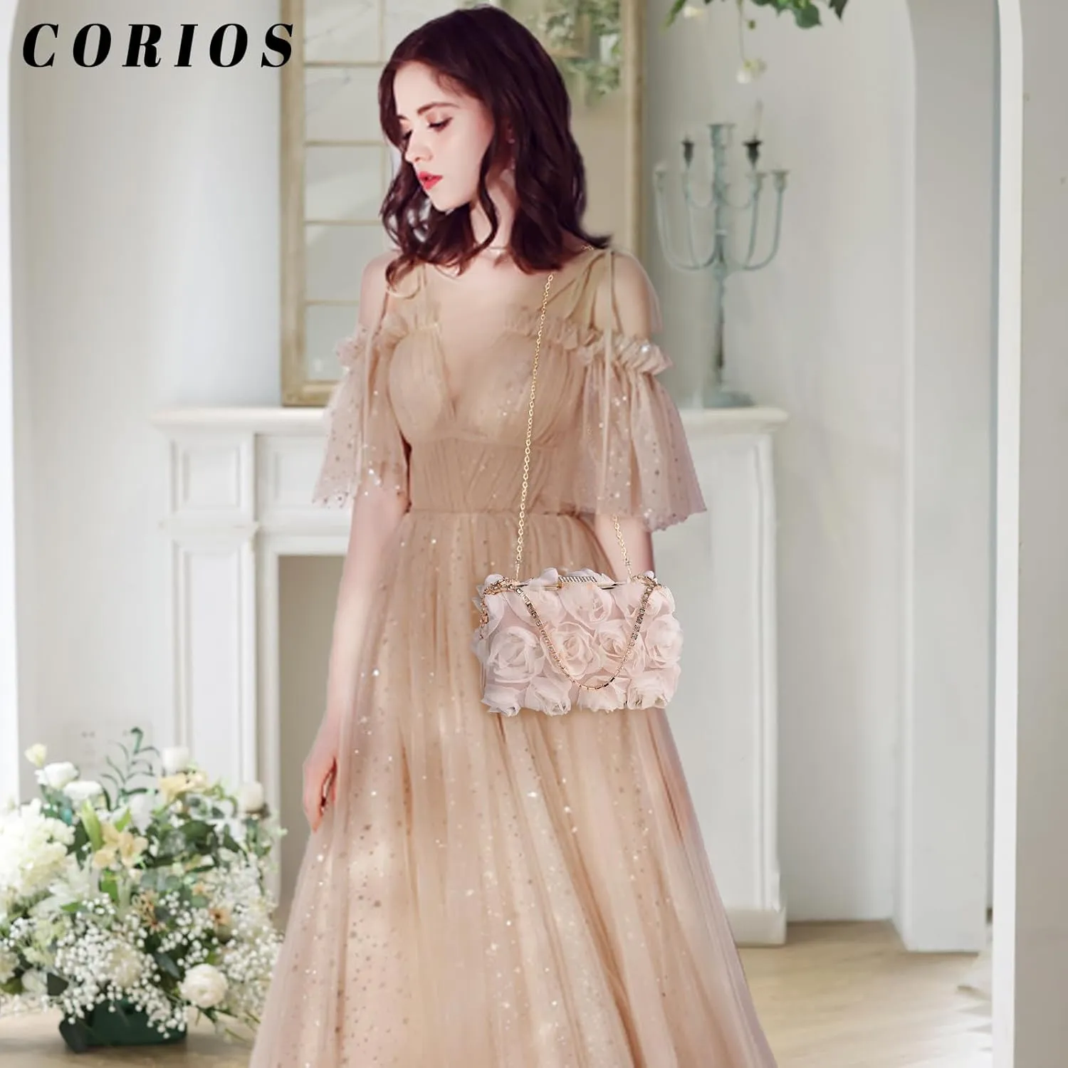 Evening Bag for Women Rose Shaped Clutch Bag Polyester Handbag Small Shoulder Bag Bridal Wedding Purse