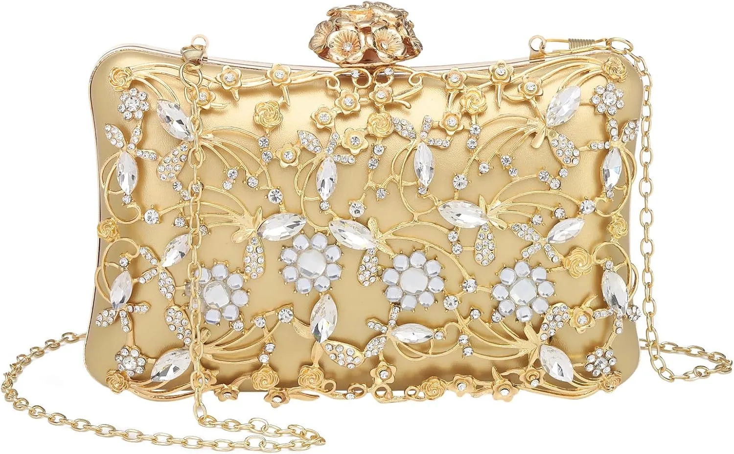 Evening Bags Clutch Purses for Women Formal, Purse Crossbody Handbag Rhinestone Shoulder Bag with Chain Sparkly for Wedding Bridal Guest Party Gold