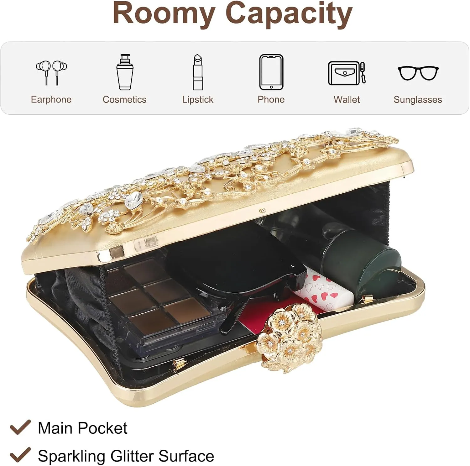 Evening Bags Clutch Purses for Women Formal, Purse Crossbody Handbag Rhinestone Shoulder Bag with Chain Sparkly for Wedding Bridal Guest Party Gold