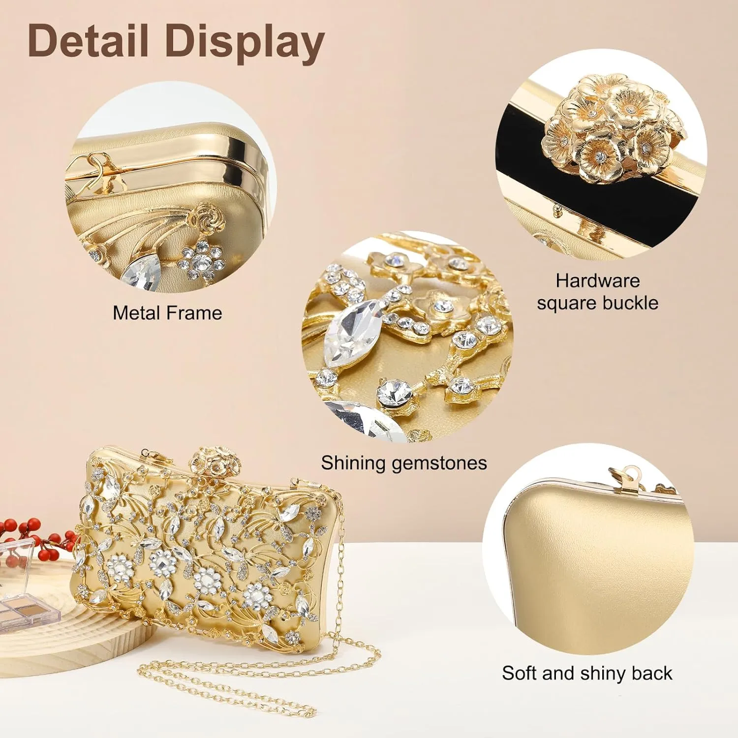 Evening Bags Clutch Purses for Women Formal, Purse Crossbody Handbag Rhinestone Shoulder Bag with Chain Sparkly for Wedding Bridal Guest Party Gold