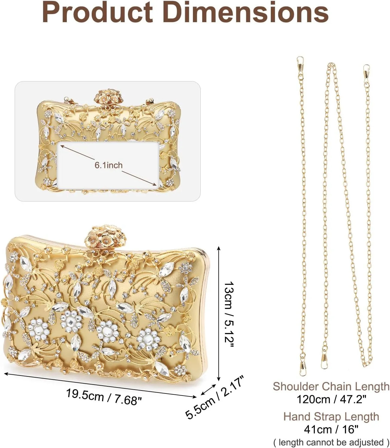 Evening Bags Clutch Purses for Women Formal, Purse Crossbody Handbag Rhinestone Shoulder Bag with Chain Sparkly for Wedding Bridal Guest Party Gold