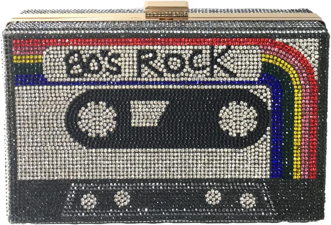 Fashion Culture 80's Rock Retro Cassette Mixed Tape Kitsch Crystal Box Clutch Crossbody, Rainbow Multi