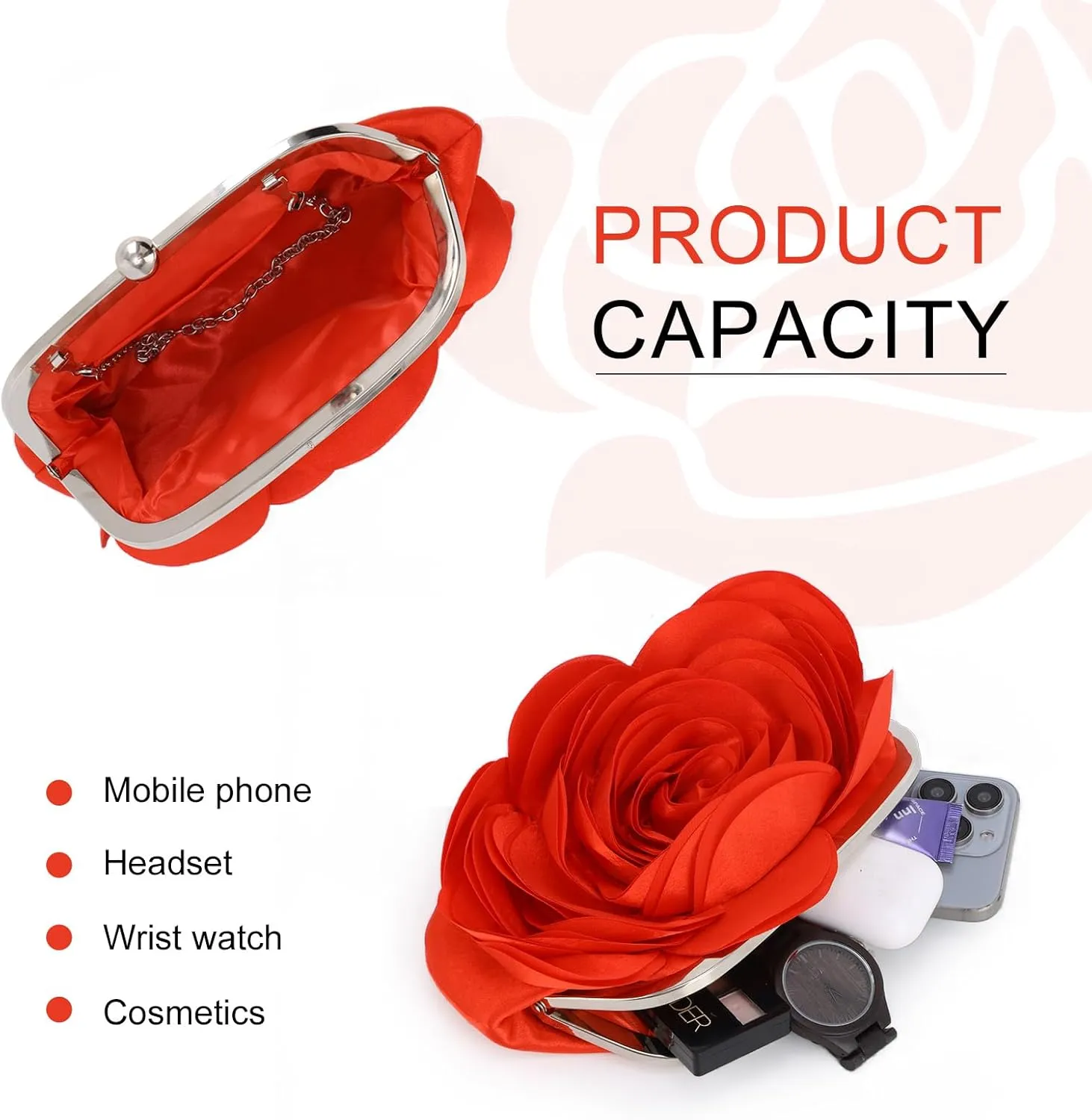 Fecialy Women Evening Bag Floral Satin Clutch Purses with Chain Rose Pattern Purse Party Prom Handbags