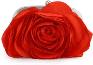 Fecialy Women Evening Bag Floral Satin Clutch Purses with Chain Rose Pattern Purse Party Prom Handbags