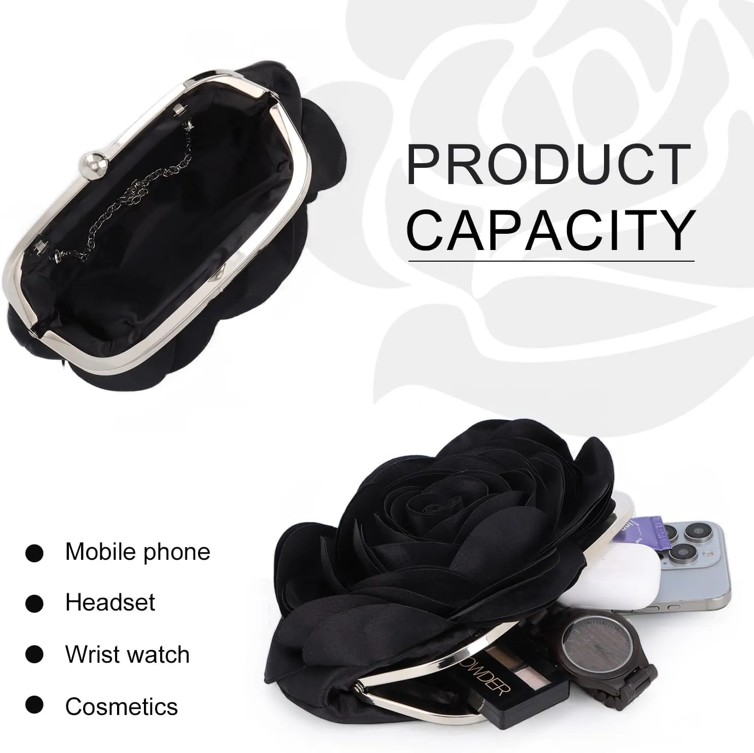 Fecialy Women Evening Bag Floral Satin Clutch Purses with Chain Rose Pattern Purse Party Prom Handbags