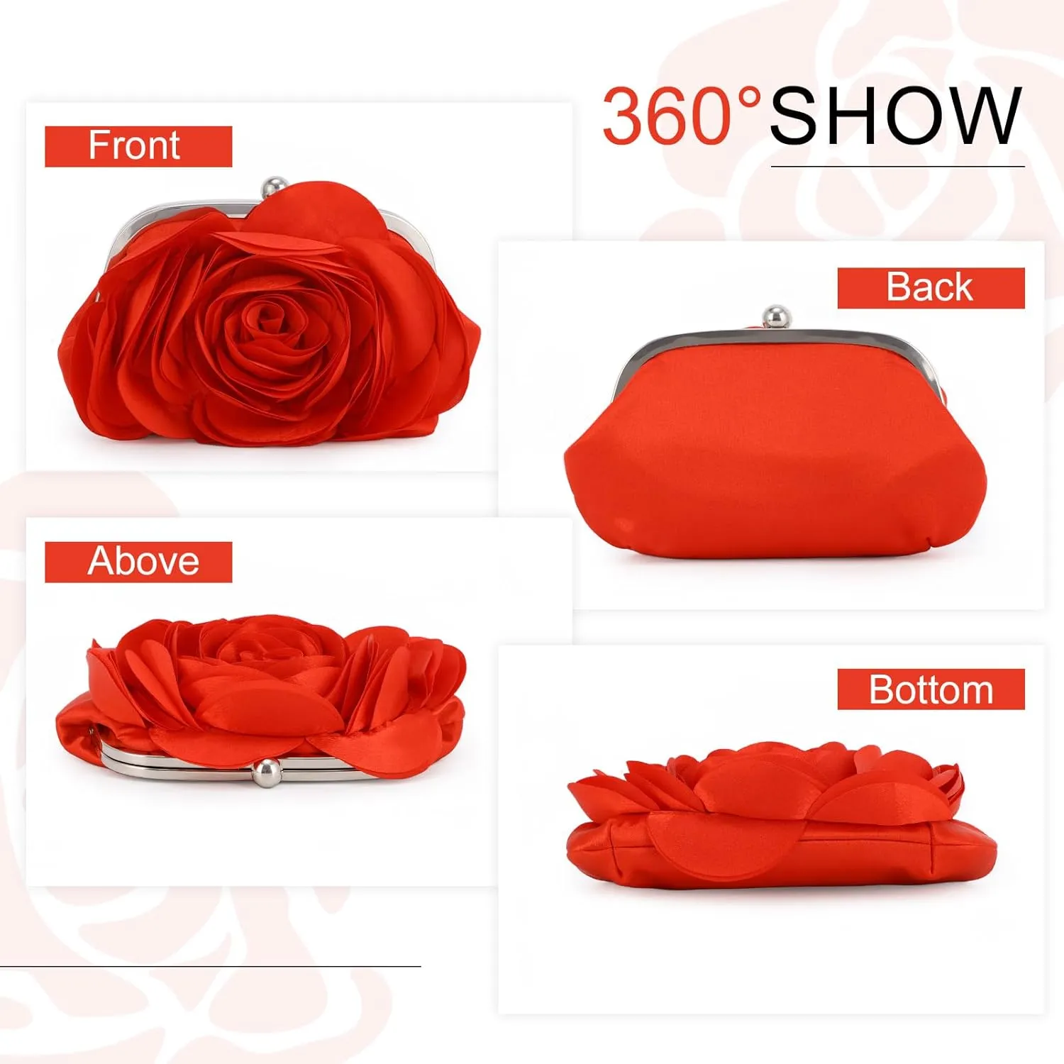 Fecialy Women Evening Bag Floral Satin Clutch Purses with Chain Rose Pattern Purse Party Prom Handbags