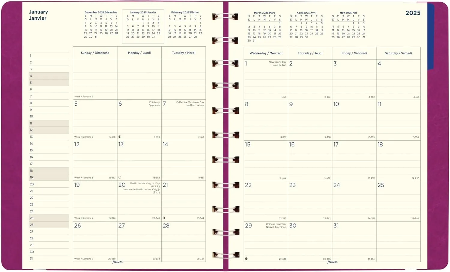 Filofax® 2025 Monthly Planner, 17 Months, August 2024 to December 2025, Twin-Wire Binding, Bilingual, 10.875" x 8.5", Fuchsia (C1811003-25)
