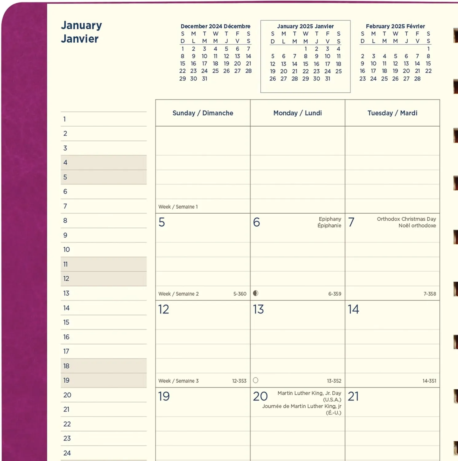 Filofax® 2025 Monthly Planner, 17 Months, August 2024 to December 2025, Twin-Wire Binding, Bilingual, 10.875" x 8.5", Fuchsia (C1811003-25)