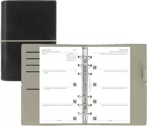 Filofax Domino Organizer, Personal Size, Black - Leather-Look, Contrast Stitching, Six Rings, Week-to-View Calendar Diary, Multilingual, 2025 (C027802-25)