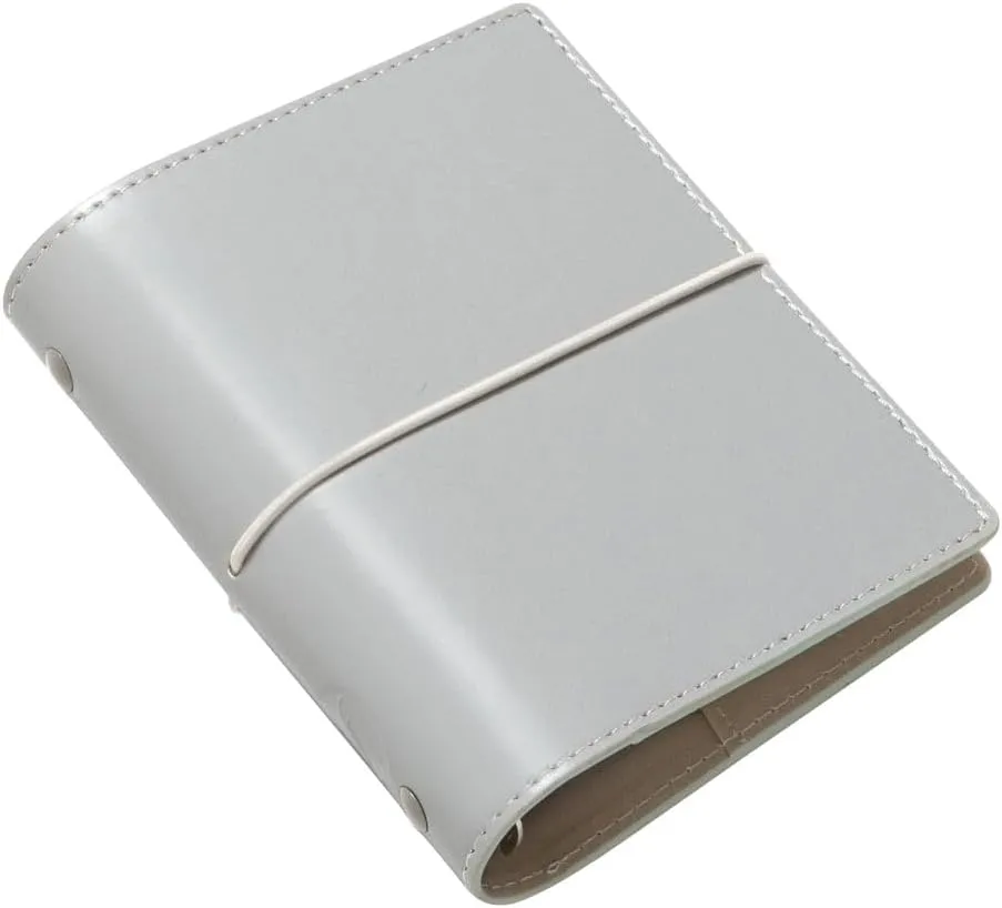 Filofax Domino Organizer, Pocket Size, Grey - Smooth, Leather-Look Grain Effect, Contrast Stitching, Six Rings, Week-to-View Calendar Diary, Multilingual, 2025 (C022611-25)
