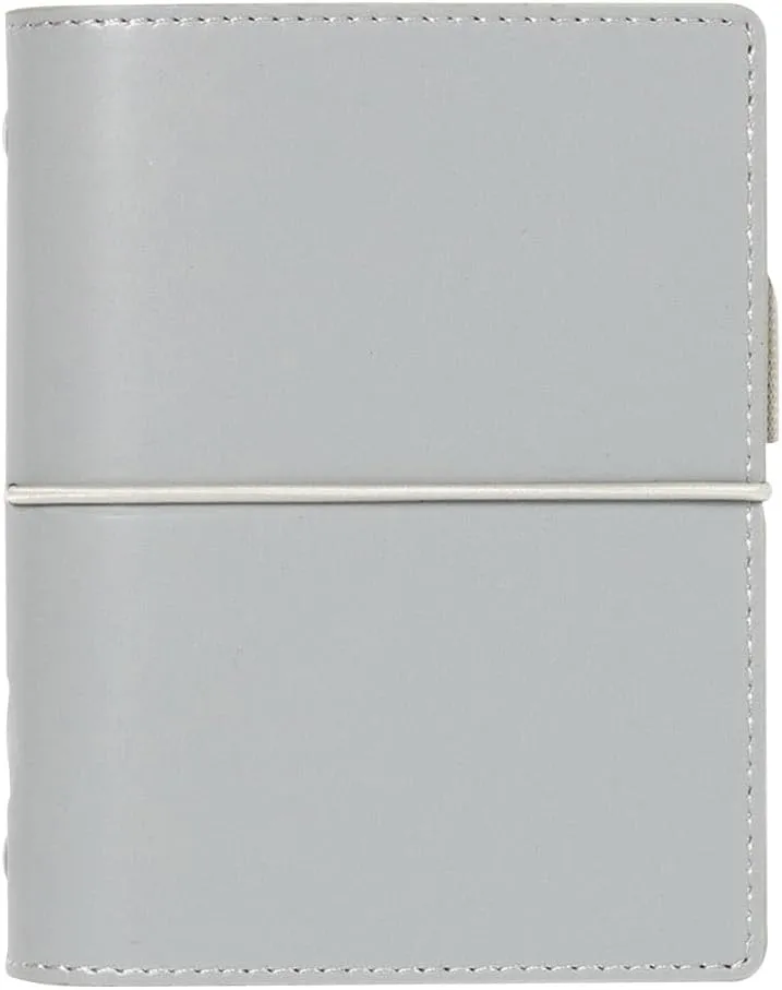 Filofax Domino Organizer, Pocket Size, Grey - Smooth, Leather-Look Grain Effect, Contrast Stitching, Six Rings, Week-to-View Calendar Diary, Multilingual, 2025 (C022611-25)