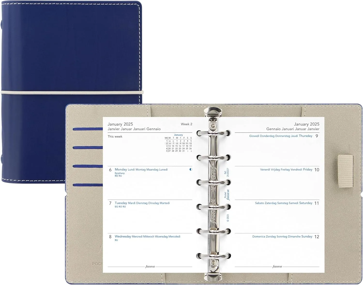 Filofax Domino Organizer, Pocket Size, Navy - Leather-Look, Contrast Stitching, Six Rings, Week-to-View Calendar Diary, Multilingual, 2025 (C027984-25)