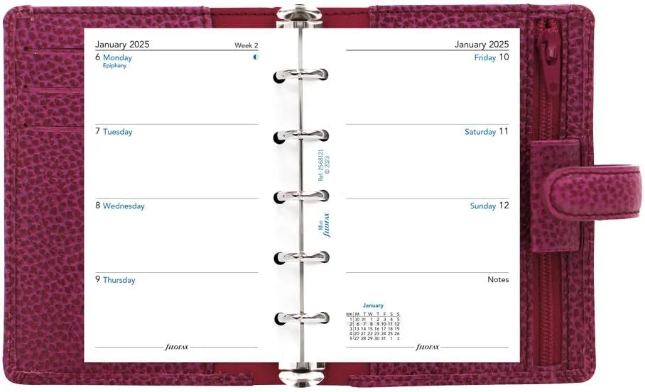 Filofax Finsbury Organizer, Mini Size, Raspberry - Traditional Grained Leather, Five Rings, Week-to-View Calendar Diary, Multilingual, 2025 (C025398-25)