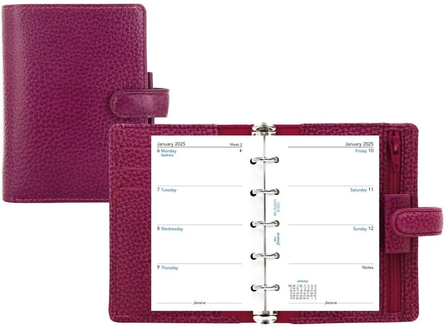 Filofax Finsbury Organizer, Mini Size, Raspberry - Traditional Grained Leather, Five Rings, Week-to-View Calendar Diary, Multilingual, 2025 (C025398-25)
