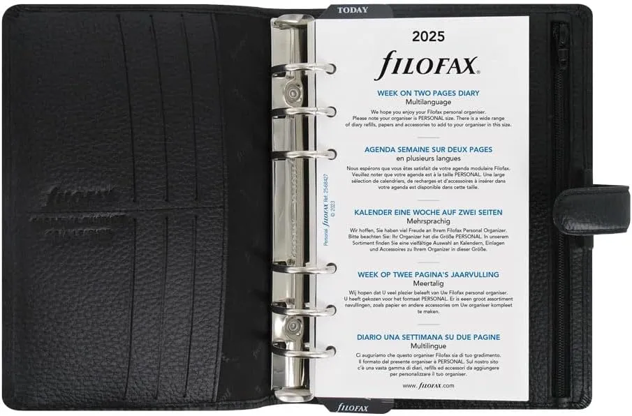 Filofax Finsbury Organizer, Personal Size, Black - Traditional Grained Leather, Six Rings, Week-to-View Calendar Diary, Multilingual, 2025 (C025302-25)