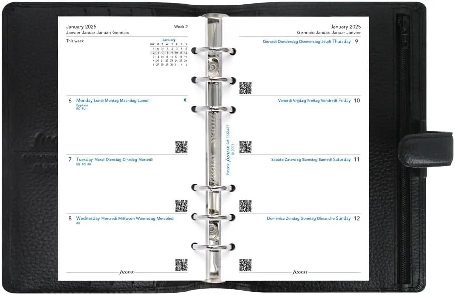 Filofax Finsbury Organizer, Personal Size, Black - Traditional Grained Leather, Six Rings, Week-to-View Calendar Diary, Multilingual, 2025 (C025302-25)