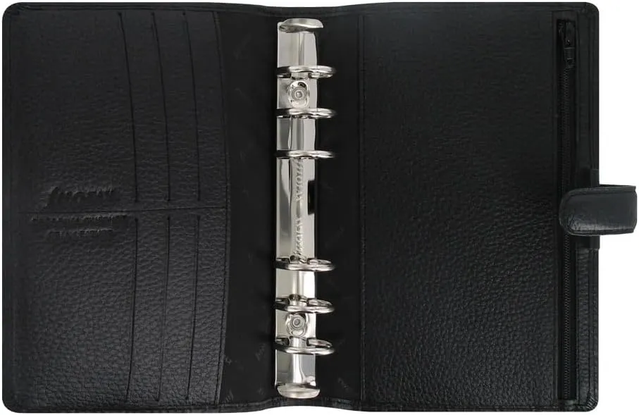 Filofax Finsbury Organizer, Personal Size, Black - Traditional Grained Leather, Six Rings, Week-to-View Calendar Diary, Multilingual, 2025 (C025302-25)