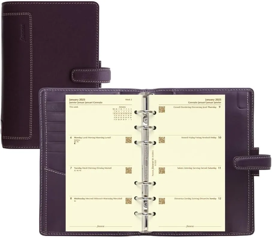 Filofax Holborn Organizer, Personal Size, Purple - Full-Grain Buffalo Leather, Six Rings, Cotton Cream Week-to-View Calendar Diary, Multilingual, 2025 (C025601-25)