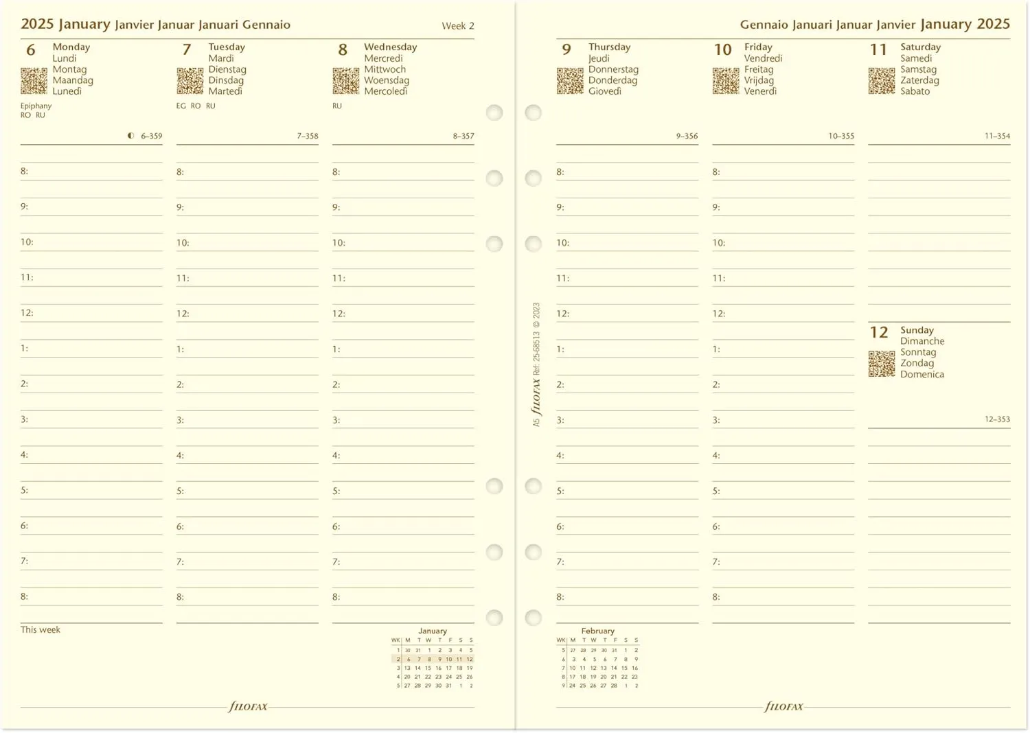 Filofax Malden Organizer, A5 Size, Navy - Tactile, Full-Grain Buffalo Leather, Six Rings, Cotton Cream Week-to-View Calendar Diary, Multilingual, 2025 (C028613-25)
