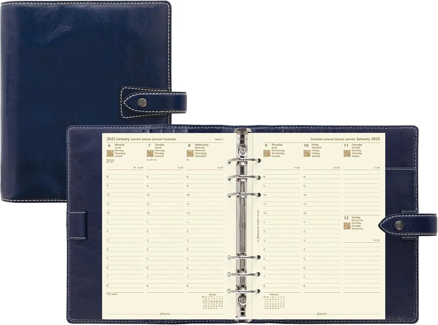 Filofax Malden Organizer, A5 Size, Navy - Tactile, Full-Grain Buffalo Leather, Six Rings, Cotton Cream Week-to-View Calendar Diary, Multilingual, 2025 (C028613-25)
