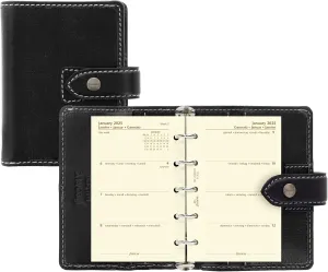 Filofax Malden Organizer, Mini Size, Black - Tactile, Full-Grain Buffalo Leather, Five Rings, Cotton Cream Week-to-View Calendar Diary, Multilingual, 2025 (C028624-25)