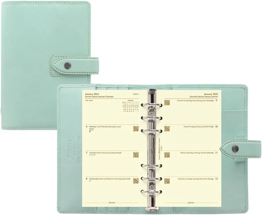 Filofax Malden Organizer, Personal Size, Duck Egg - Tactile, Full-Grain Buffalo Leather, Six Rings, Cotton Cream Week-to-View Calendar Diary, Multilingual, 2025 (C025855-25)