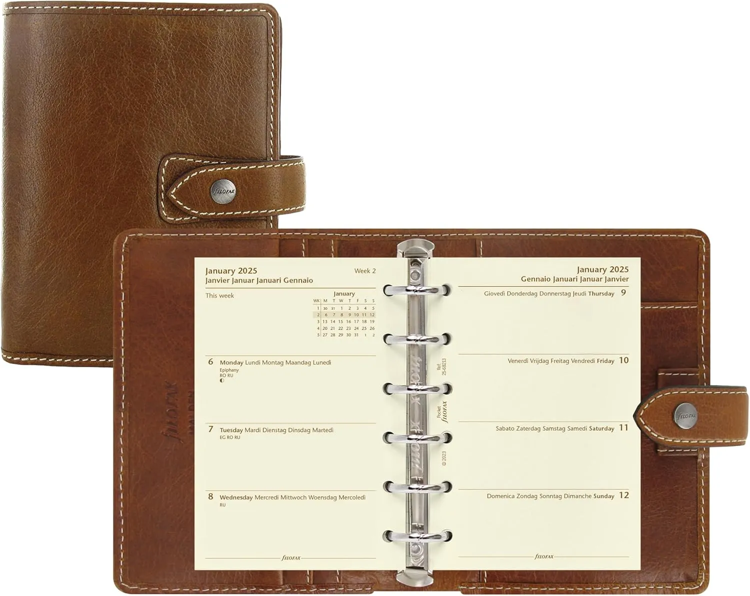 Filofax Malden Organizer, Pocket Size, Ochre - Tactile, Full-Grain Buffalo Leather, Six Rings, Cotton Cream Week-to-View Calendar Diary, Multilingual, 2025 (C025842-25)