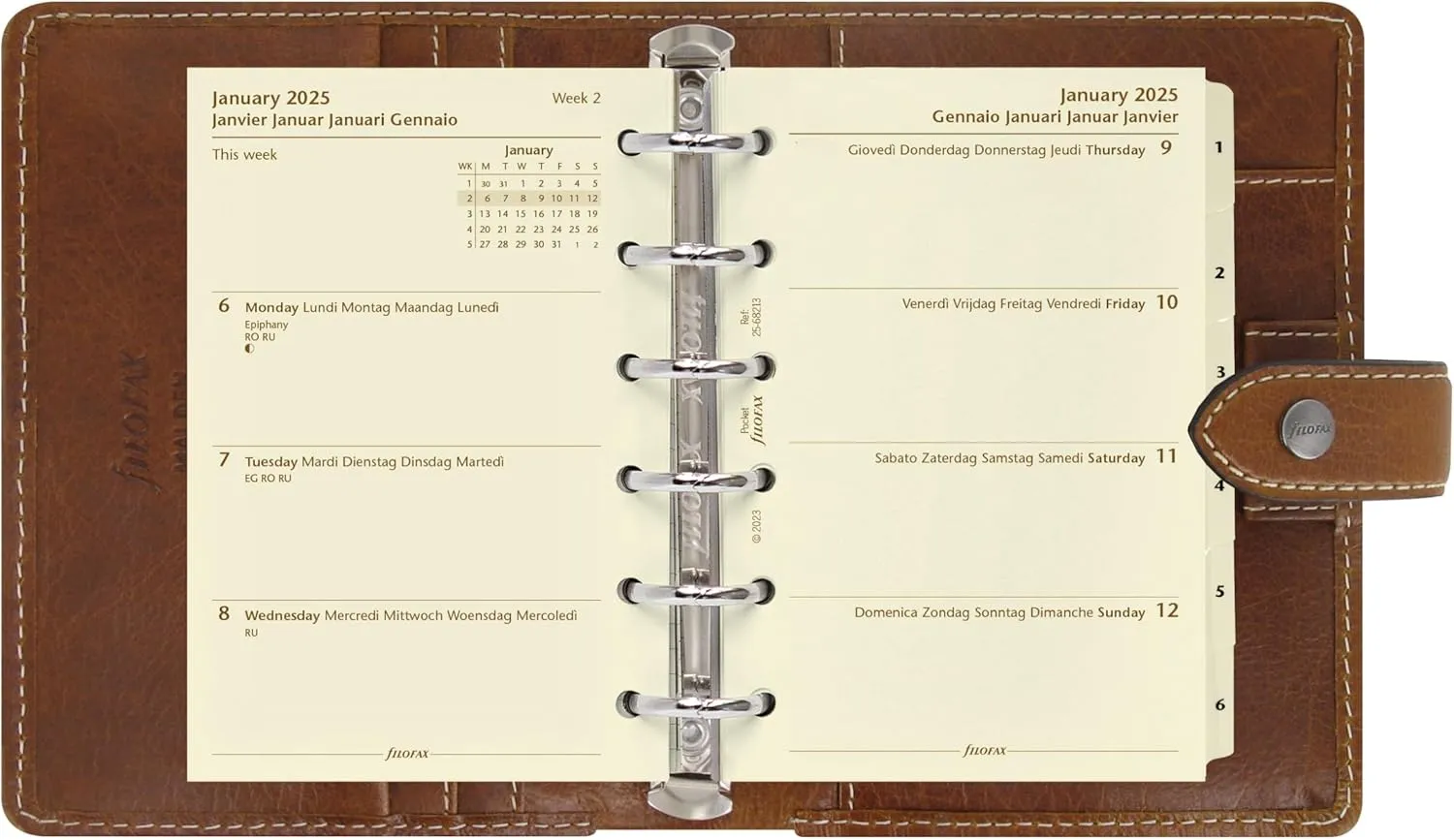 Filofax Malden Organizer, Pocket Size, Ochre - Tactile, Full-Grain Buffalo Leather, Six Rings, Cotton Cream Week-to-View Calendar Diary, Multilingual, 2025 (C025842-25)