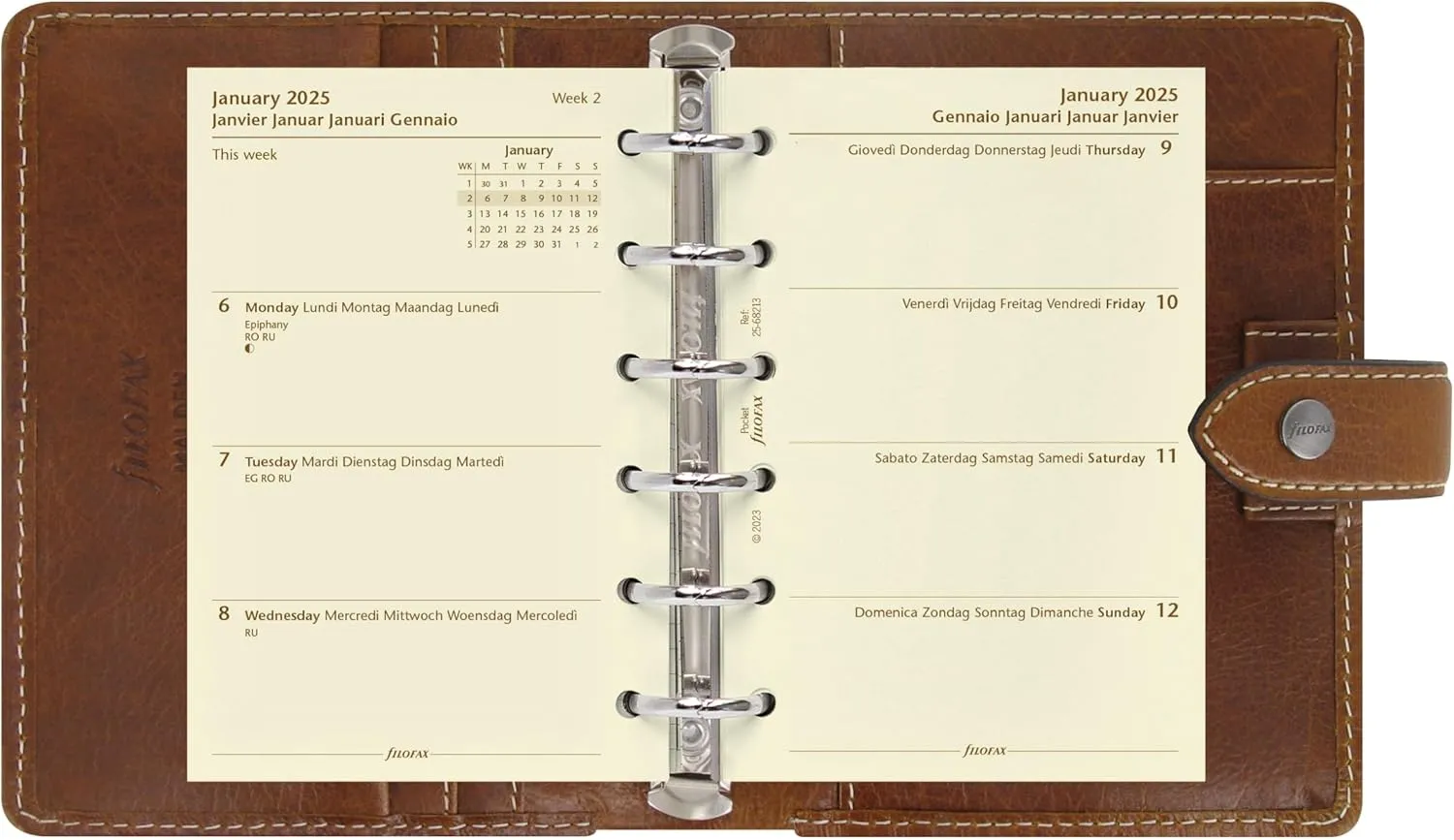 Filofax Malden Organizer, Pocket Size, Ochre - Tactile, Full-Grain Buffalo Leather, Six Rings, Cotton Cream Week-to-View Calendar Diary, Multilingual, 2025 (C025842-25)