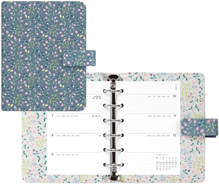Filofax Meadow Organizer, Pocket Size, Blue - Smooth, Leather-Look, Six Rings, Week-to-View Calendar Diary, Multilingual, 2025 (C021702-25)